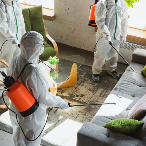 Coronavirus Pandemic. A disinfectors in a protective suit and mask sprays disinfectants in the house